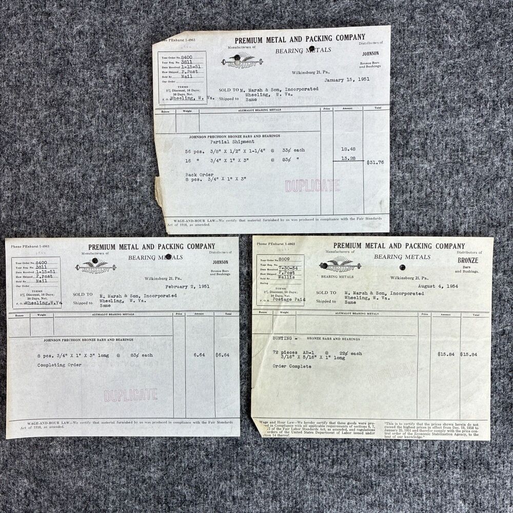 1951-54 Premium Metal & Packing Co Bearing Metals Invoices Lot of 3 Marsh WV